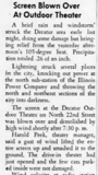 ["Screen blown down Tuesday July 20, 1954. 7/21/54 article credit Decatur Herald."]
