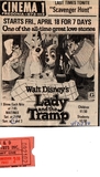 ["Ticket for \"Cinema One\" in Fredonia for \"Lady and the Tramp\""]